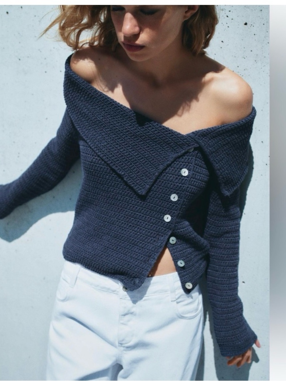 Zara Off-the-Shoulder Navy Buttoned Knit Sweater
